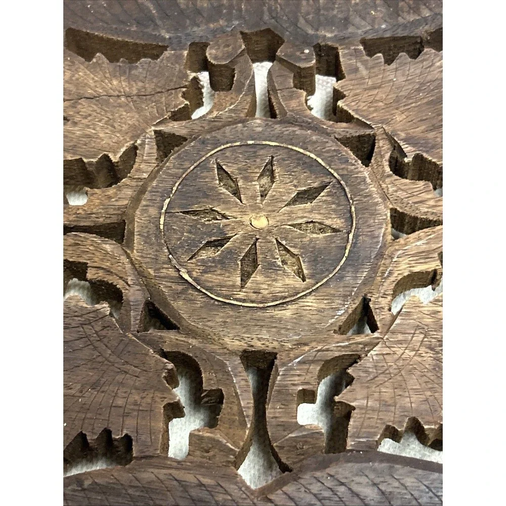Vintage Hand Carved Wooden Trivet W/ Intricate Cutout Design Floral Centerpiece
